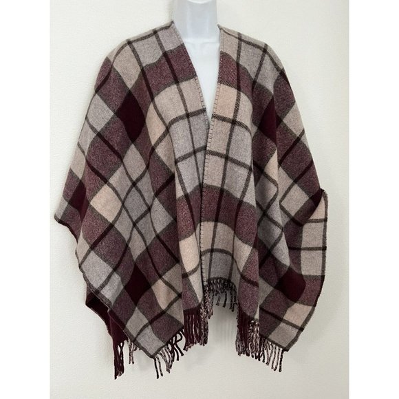 Talbots Burgundy Plaid  Wool Cape Wrap Fringed Beautiful Italy One Size - Picture 1 of 7